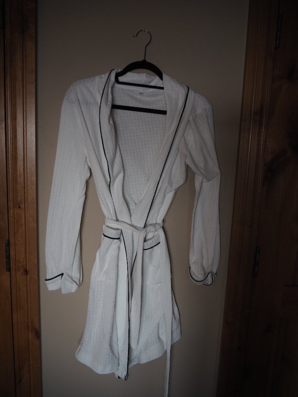 White Waffle Spa Robe Black Piping Belted Hotel Style
